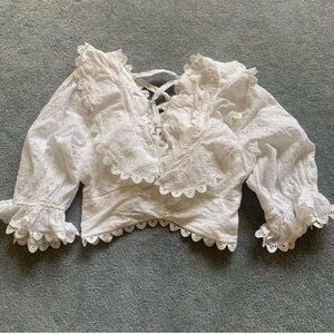 ASTR Lace Up Back Corset Eyelet White Cotton Ruffle Blouse Top